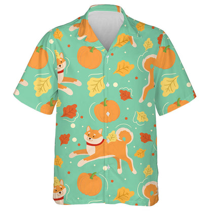 Cartoon Shiba Inu Dog And Pumpkins Isolated Background Hawaiian Shirt, Hawaiian Shirt Gift, Christmas Gift