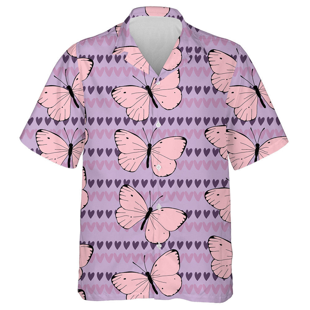 Spring Theme Pink Butterflies On Pastel With Hearts Hawaiian Shirt, Hawaiian Shirt Gift, Christmas Gift