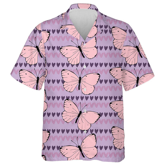 Spring Theme Pink Butterflies On Pastel With Hearts Hawaiian Shirt, Hawaiian Shirt Gift, Christmas Gift
