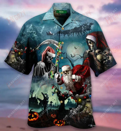 Chistmas Santa Claus Skull Short Short Sleeve Shirt Summer Hawaiian T Shirts Tactical Hawaiian Shirt Hawaiian Shirt Pattern, Hawaiian Shirt Gift, Christmas Gift