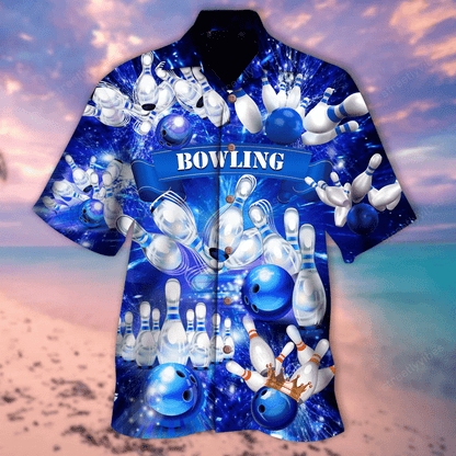 Blue Bowling Awesome Background Design Hawaiian Shirt, Hawaiian For Gift