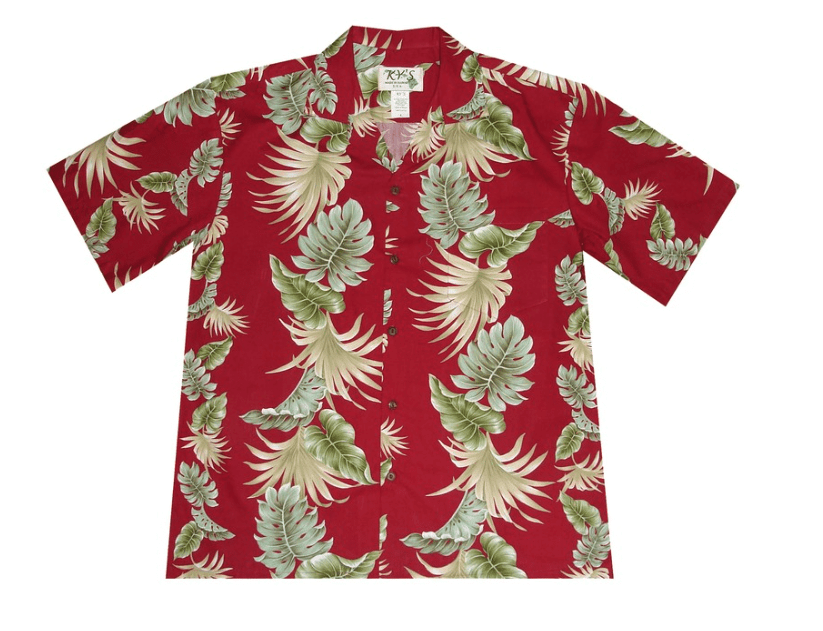 Ky’S Mens Red Button Down Hawaiian Shirt With Green Hawaiian Leaves, Hawaiian Shirt Gift, Christmas Gift