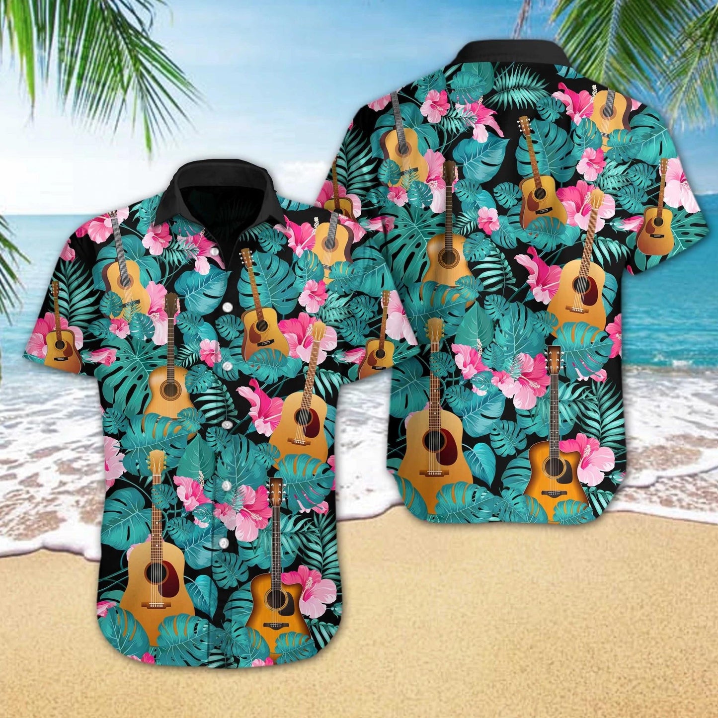 Gift For Music Lovers Guitar Tropical Leaf Pattern Hawaiian Shirt, Hawaiian Shirt Gift, Christmas Gift