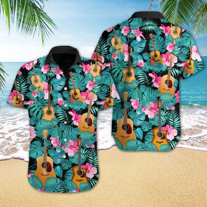 Gift For Music Lovers Guitar Tropical Leaf Pattern Hawaiian Shirt, Hawaiian Shirt Gift, Christmas Gift