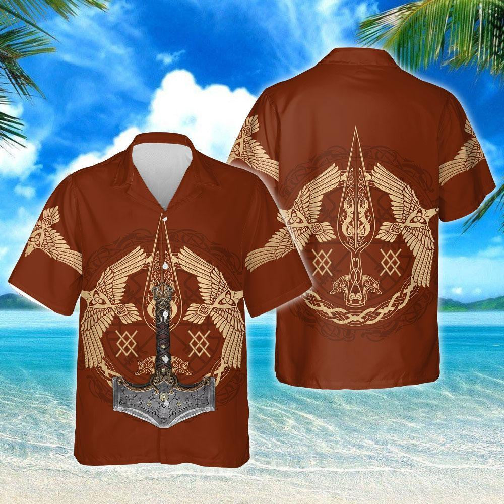 Vintage Viking Ravens Mjolnir Design Hawaiian Shirt, Hwaiian For Gift