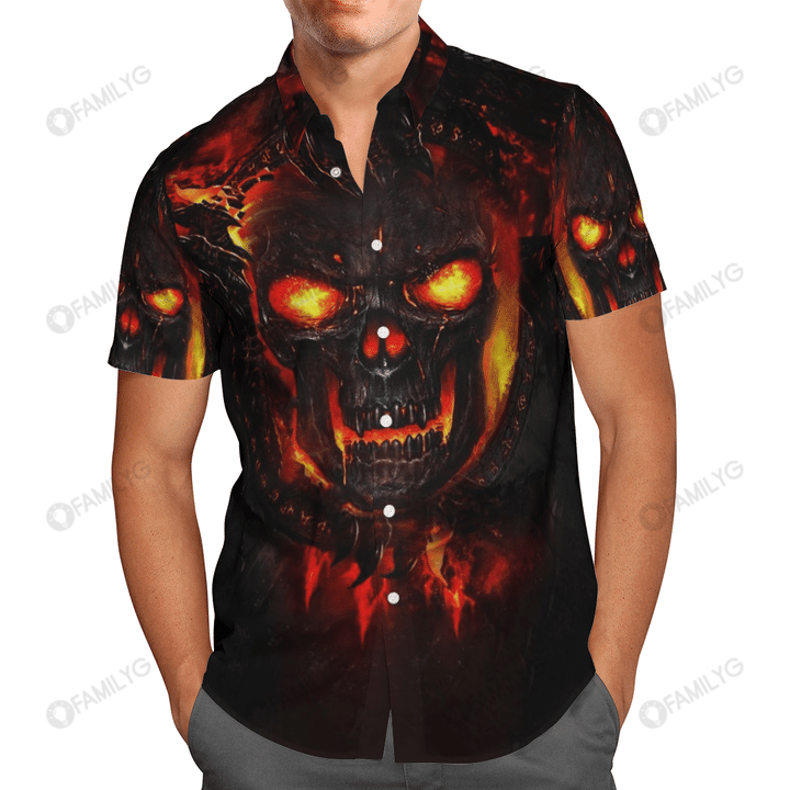 Flame Skull Pattern Unisex Hawaiian Shirt, Hawaiian Shirt Gift, Christmas Gift