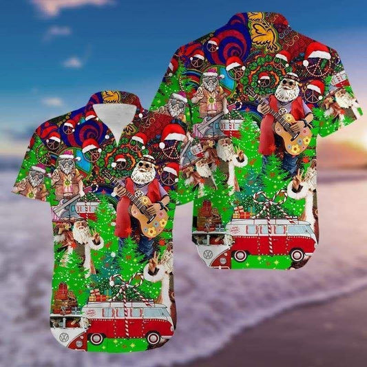 Love Hippie And Merry Christmas Vintage Style Design Hawaiian Shirt, Hawaiian Shirt Gift, Christmas Gift