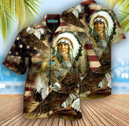 Native American Proud Eagle Vintage US Flag Background Hawaiian Shirt, Hawaiian Shirt Gift, Christmas Gift