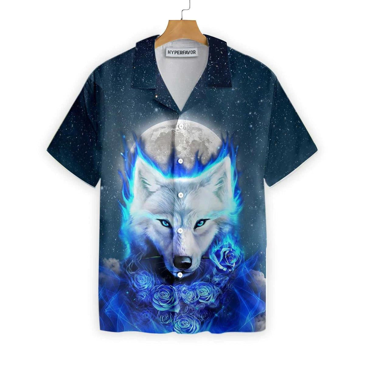 White Wolf Galaxy And Big Moon Behind Hawaiian Shirt, Hawaiian Shirt Gift, Christmas Gift
