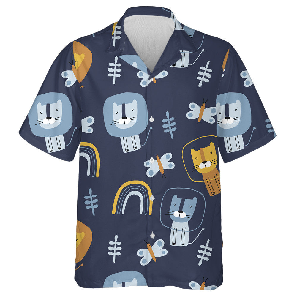 Hand Drawn Funny Lions And Butterflies Hawaiian Shirt, Hawaiian For Gift