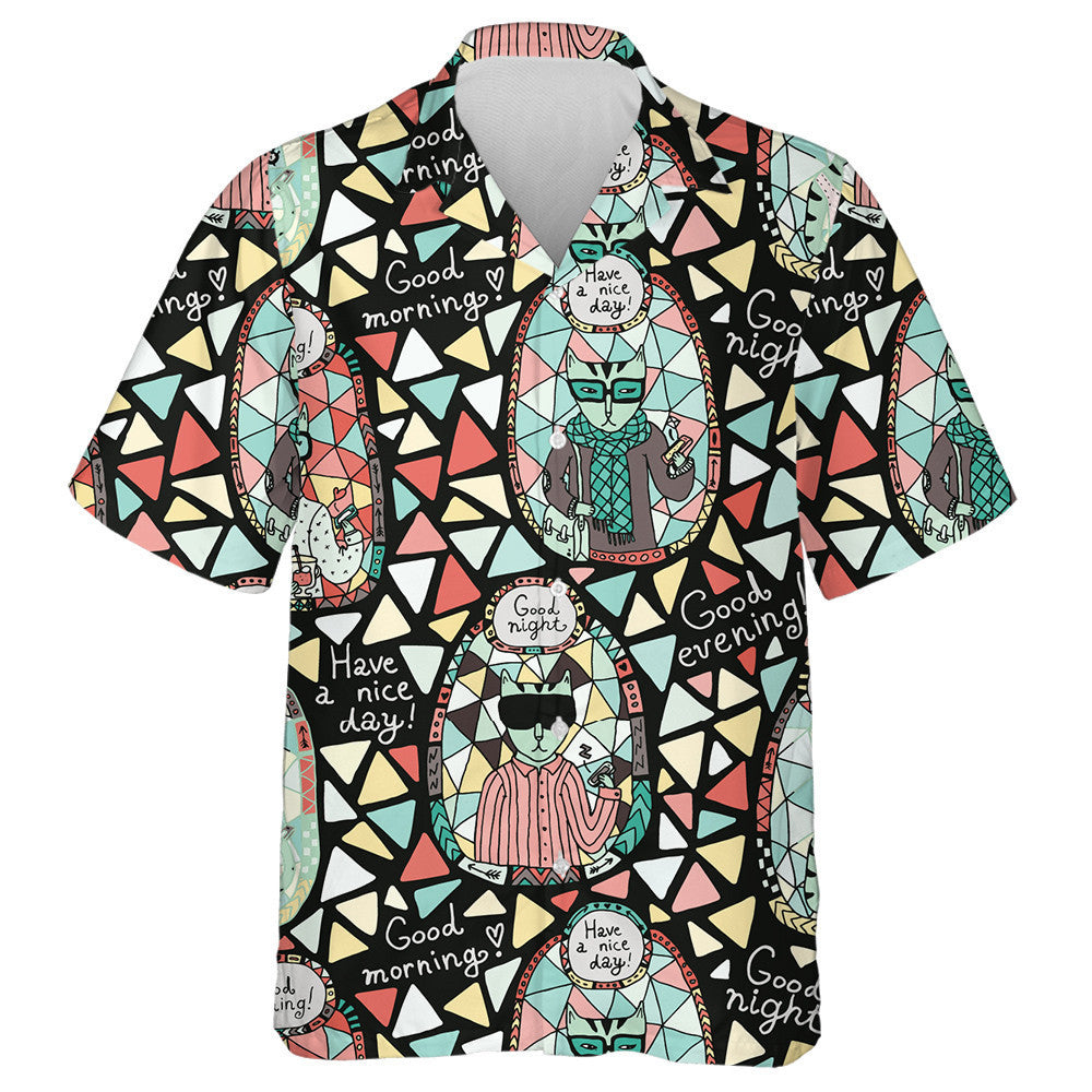 Cute Cat In Hipster Style On Colorful Mosaic Hawaiian Shirt, Hawaiian Shirt Gift, Christmas Gift