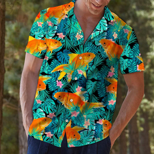 Goldfish With Tropical Leaves And Flowers Hawaiian Shirt,Hawaiian Shirt Gift, Christmas Gift