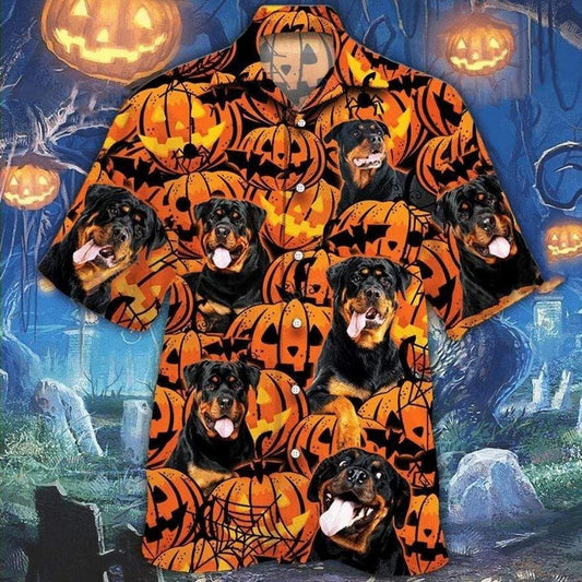 Illustration Hawaiian Shirt Rottweiler And Pumpkin Halloween, Hawaiian For Gift