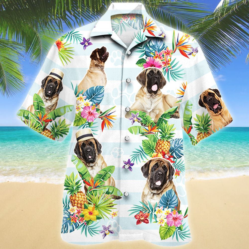 Smiling Mastiff Dog Tropical Flower And Leaves Pattern Hawaiian Shirt, Hawaiian Shirt Gift, Christmas Gift