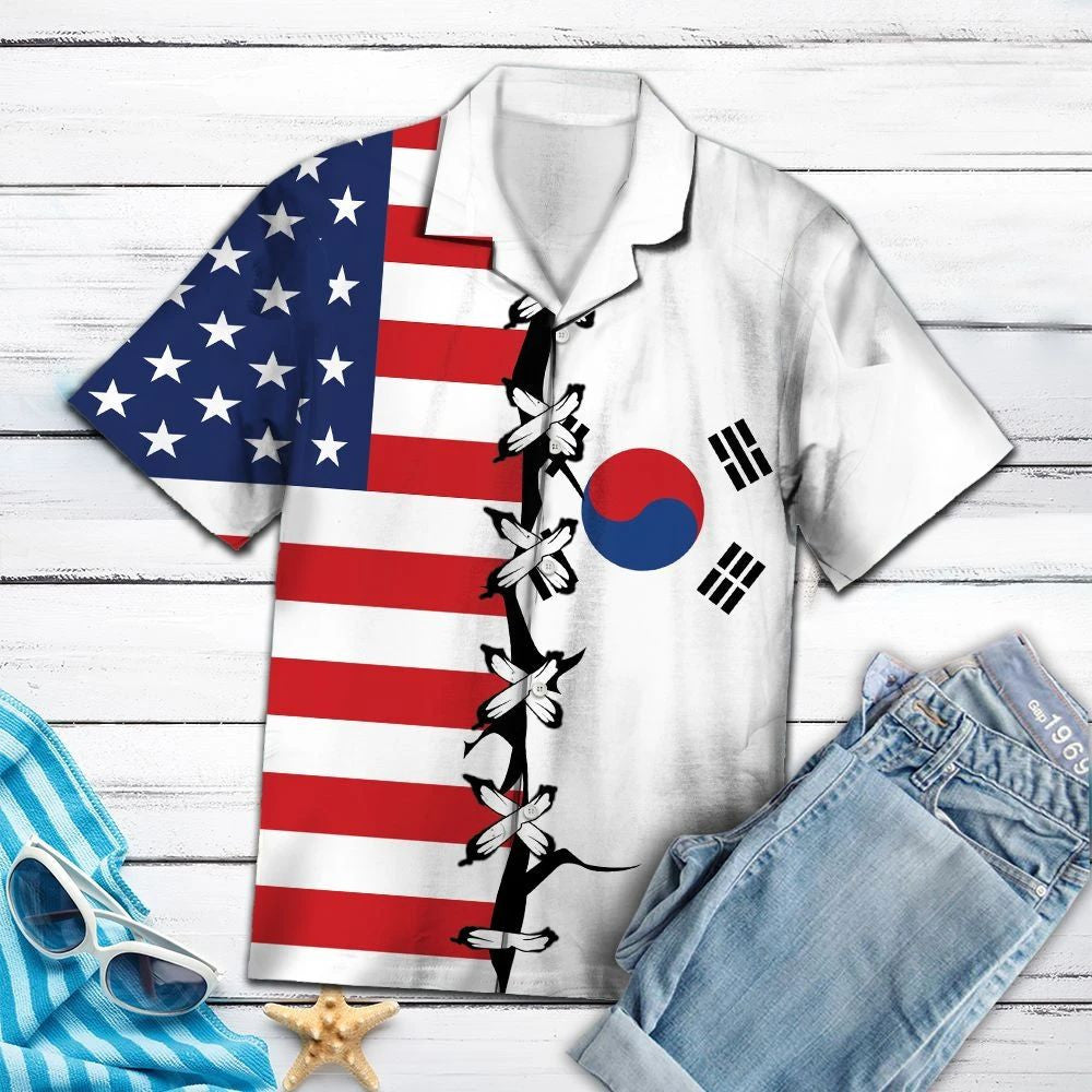 Flag Of South Korea And American Root Pattern Hawaiian Shirt, Hawaiian Shirt Gift, Christmas Gift