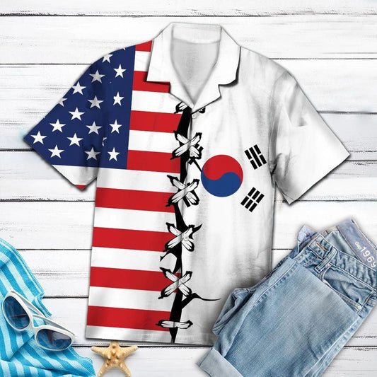 Flag Of South Korea And American Root Pattern Hawaiian Shirt, Hawaiian Shirt Gift, Christmas Gift