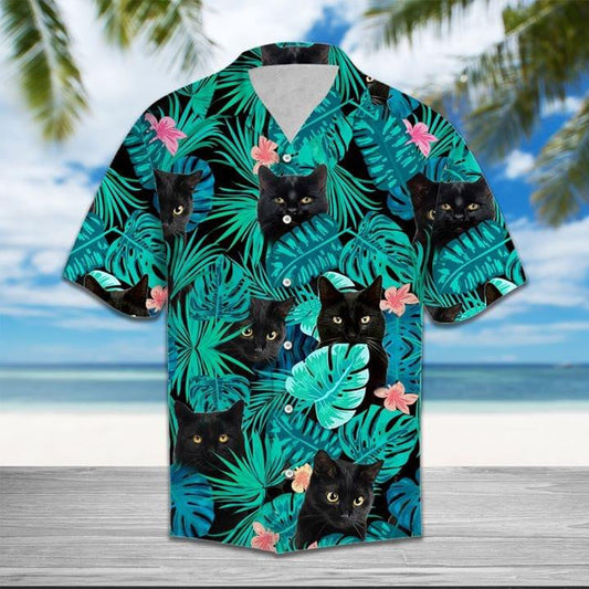 Black Cat Tropical Leaves Pattern Hawaiian Shirt,Hawaiian For Gift