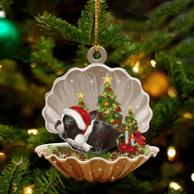 Cute Boston Terrier Sleeping in Pearl Dog Christmas Ornament Flat Acrylic, Christmas Gift,Christmas Decoration