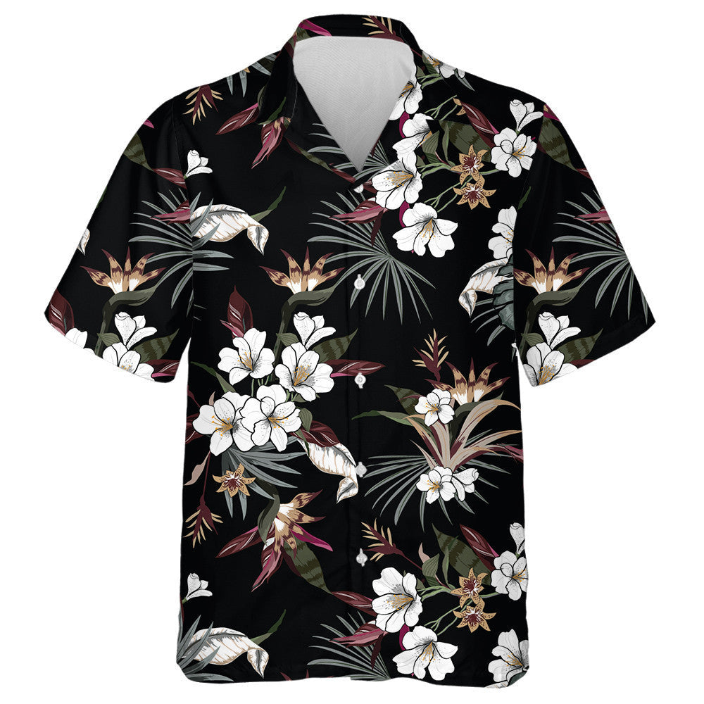 Unique Pattern With Tropical White Flower And Palm Leaves Hawaiian Shirt, Hawaiian Shirt Gift, Christmas Gift