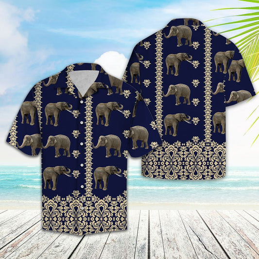 Hawaiian Shirt Elephant With Symbolic Art In Deep Blue, Hawaiian Shirt Gift, Christmas Gift