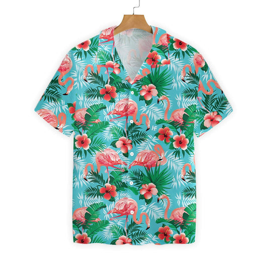 Flamingo With Pink Flower And Green Leave Blue Theme Hawaiian Shirt, Hawaiian Shirt Gift, Christmas Gift