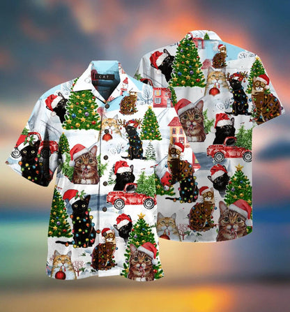 Cat Christmas Santa Kitten On Red Truck Hawaiian Shirt, Hawaiian Shirt Gift, Christmas Gift