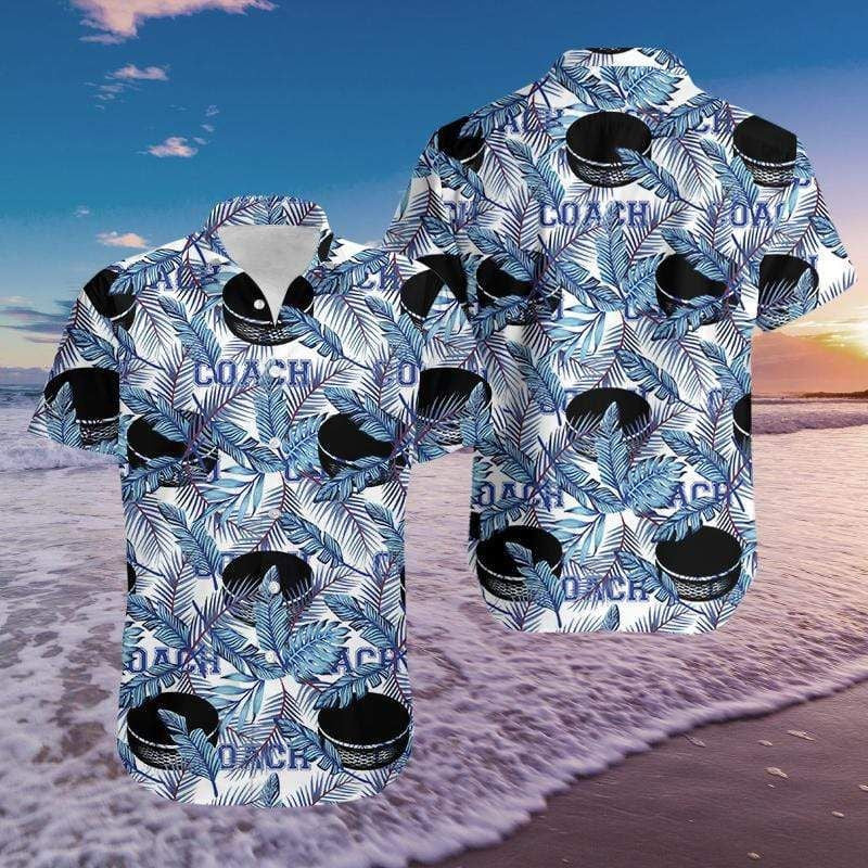 Puck Hockey And Coach Blue Design Hawaiian Shirt,Hawaiian Shirt Gift, Christmas Gift