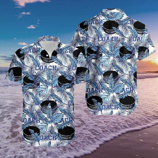 Puck Hockey And Coach Blue Design Hawaiian Shirt,Hawaiian Shirt Gift, Christmas Gift