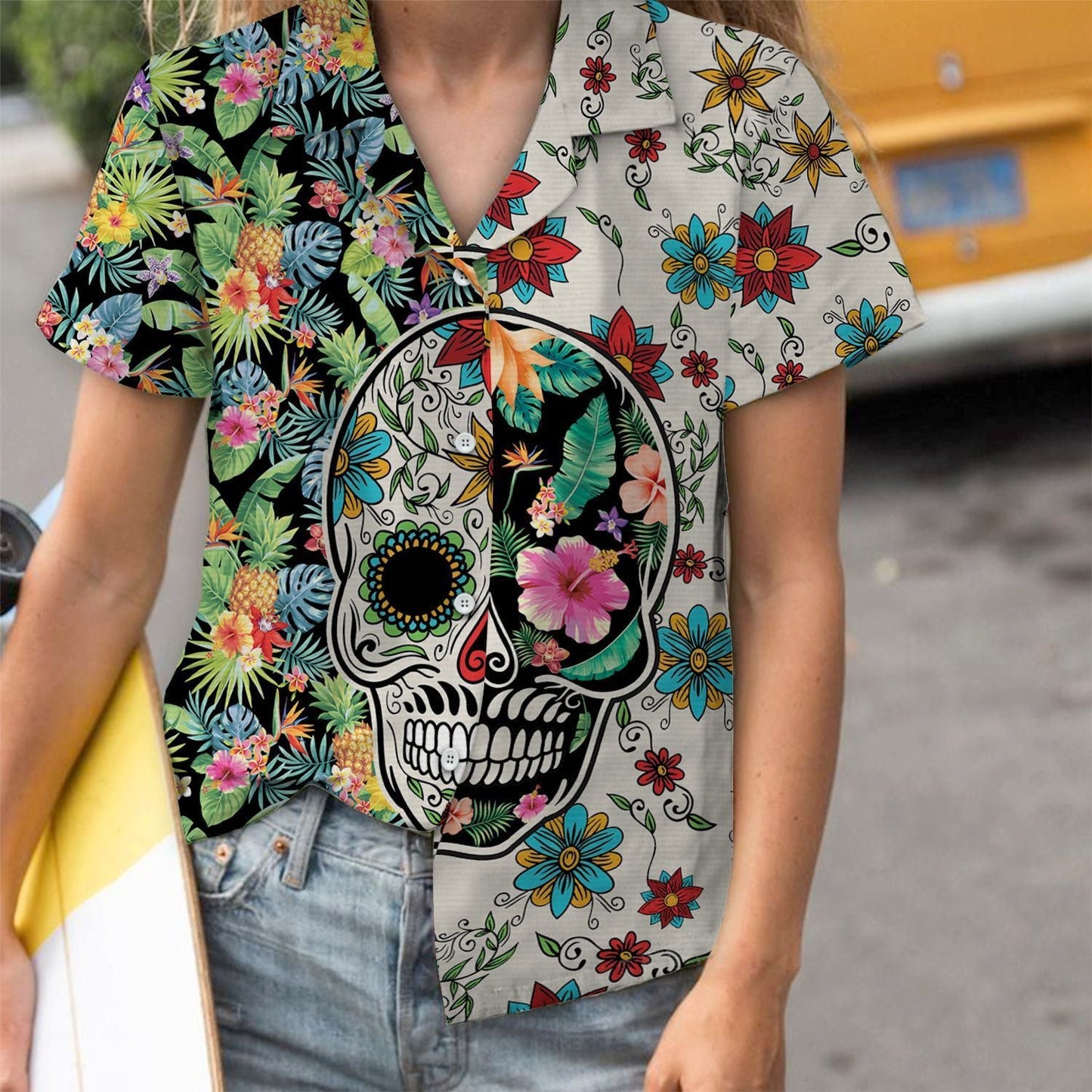 Best Gift Ideal Sugar Skull Tropical Plants Pattern Hawaiian Shirt, Hawaiian Shirt Gift, Christmas Gift