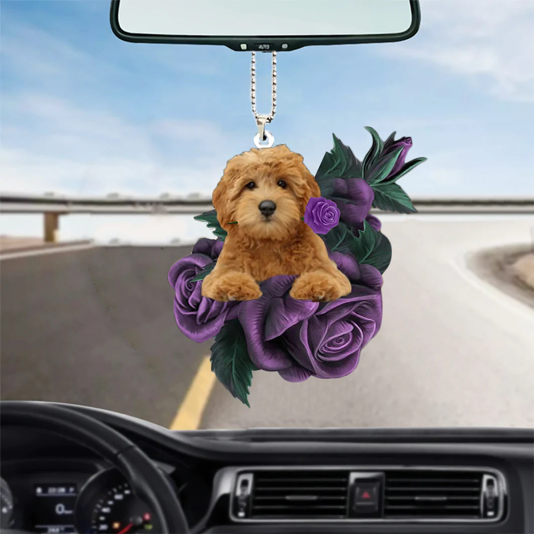 Goldendoodle In Purple Rose Car Hanging Ornament, Cute Dog Car Hanging Accessories,Christmas Gift,Christmas Decoration