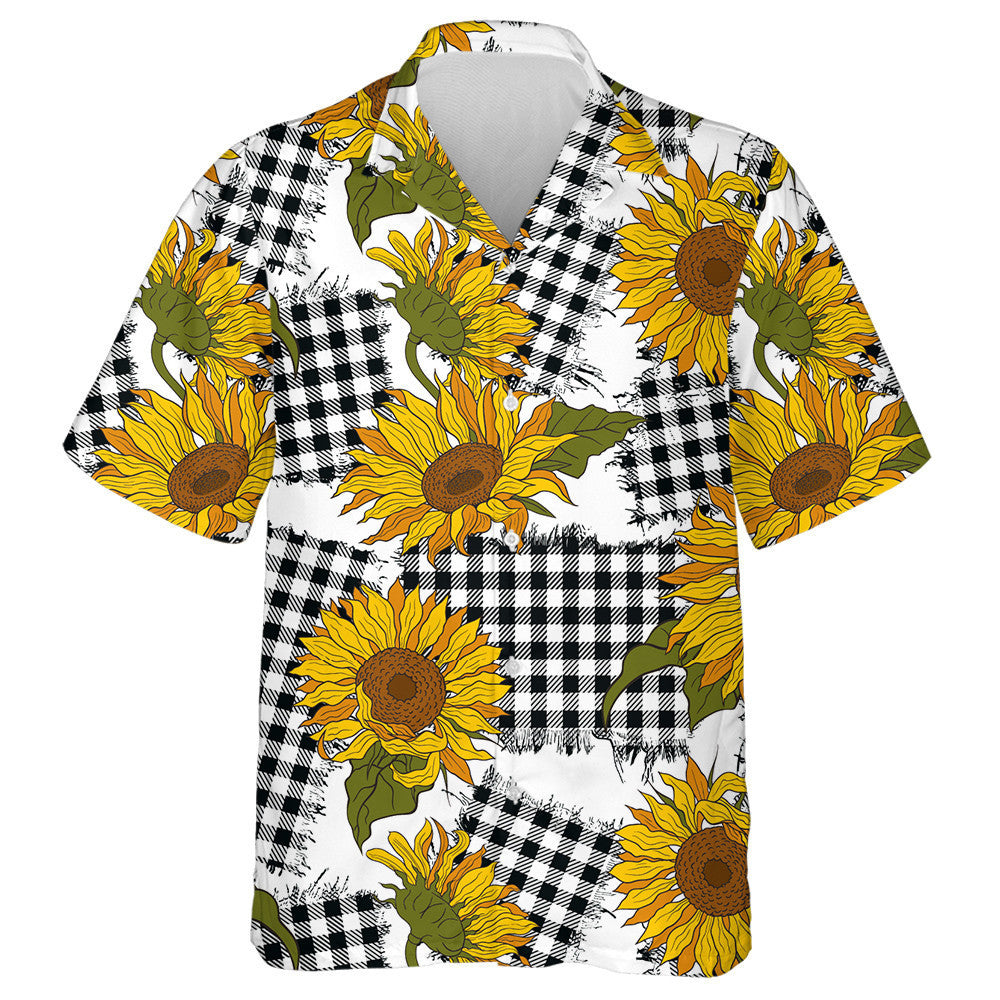 Vintage Farmhouse Bright Sunflower Flowers On Checkered Patches Hawaiian Shirt, Hawaiian Shirt Gift, Christmas Gift