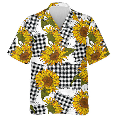 Vintage Farmhouse Bright Sunflower Flowers On Checkered Patches Hawaiian Shirt, Hawaiian Shirt Gift, Christmas Gift
