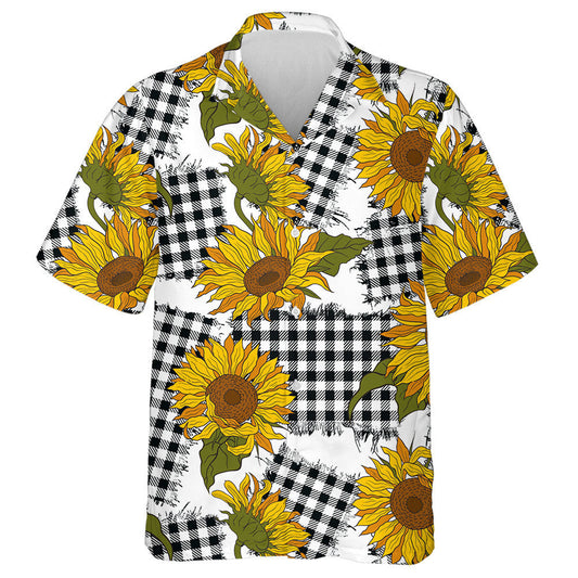 Vintage Farmhouse Bright Sunflower Flowers On Checkered Patches Hawaiian Shirt, Hawaiian Shirt Gift, Christmas Gift
