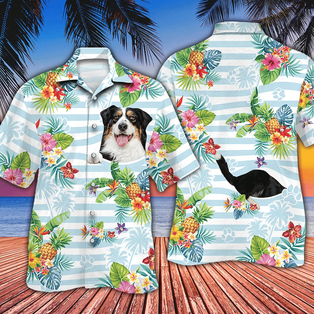 Australian Shepherd Dog Lovers Beautiful Flower Striped Hawaiian Shirt, Hawaiian Shirt Gift, Christmas Gift