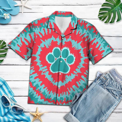 Blue And Red Heart Tie Dye Paw Pattern Hawaiian Shirt, Hawaiian Shirt Gift, Christmas Gift