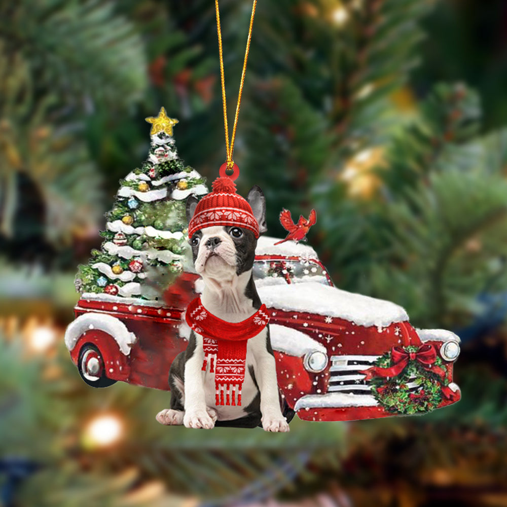 Boston Terrier-Christmas Car Two Sided Christmas Plastic Hanging Ornament, Christmas Ornament Gift, Christmas Gift, Christmas Decoration