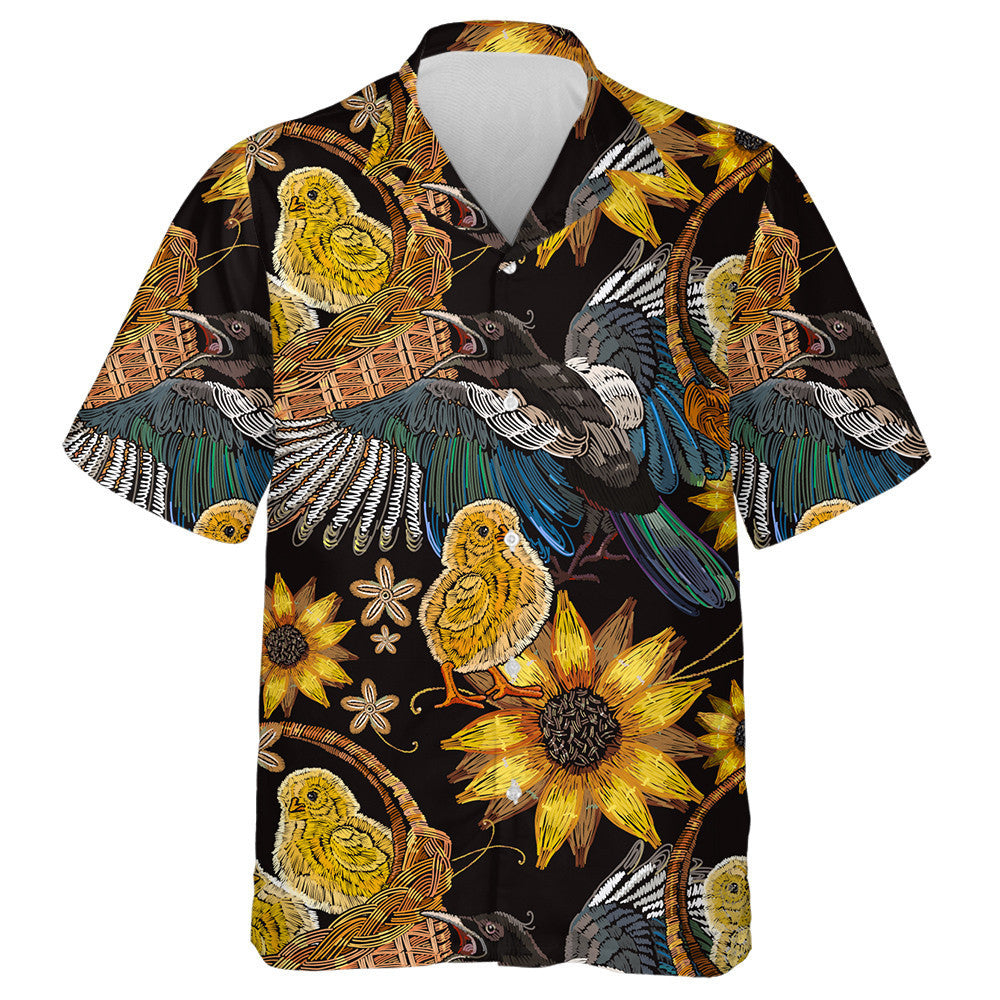 Embroidery Chickens Magpie Birds And Sunflowers In Basket Hawaiian Shirt, Hawaiian Shirt Gift, Christmas Gift