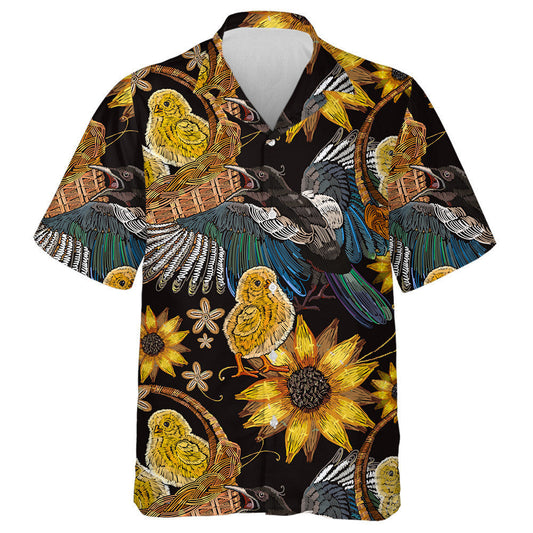 Embroidery Chickens Magpie Birds And Sunflowers In Basket Hawaiian Shirt, Hawaiian Shirt Gift, Christmas Gift