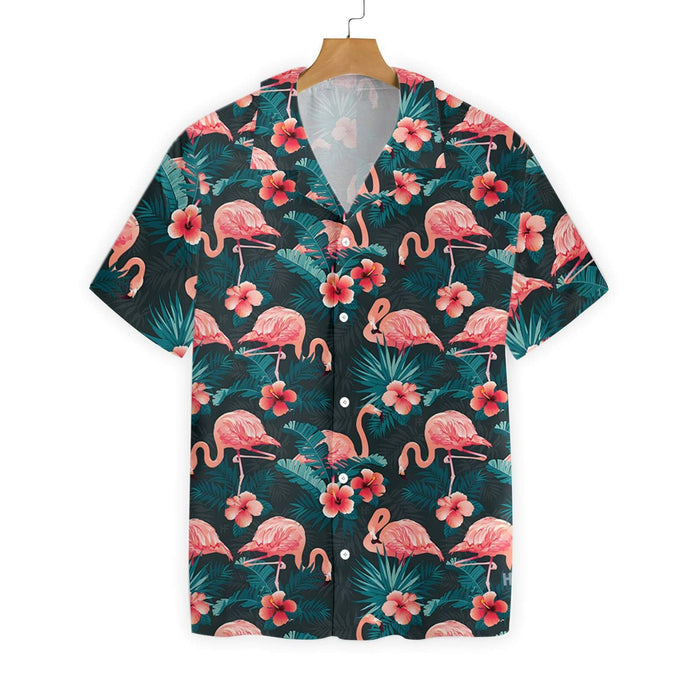 Flamingo On The Dark Pattern Hawaiian Shirt,Hawaiian Shirt Gift, Christmas Gift