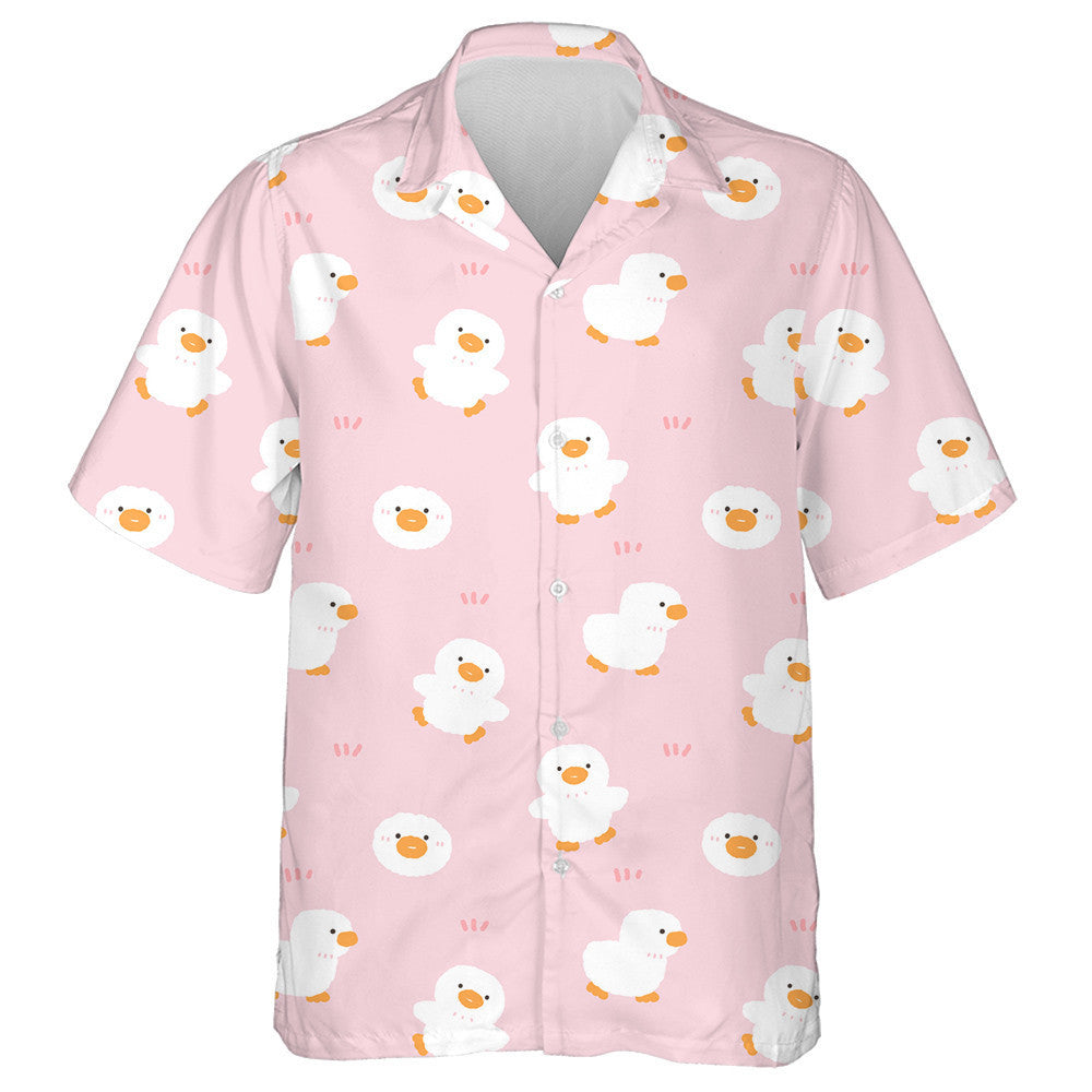 Hand Drawn Cute Cartoon Duck On Pink Background Hawaiian Shirt, Hawaiian Shirt Gift, Christmas Gift