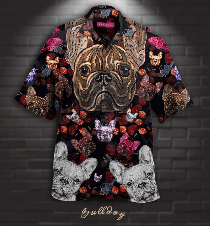 Bulldog Embroidery Hawaiian Shirt,Hawaiian Shirt Gift, Christmas Gift