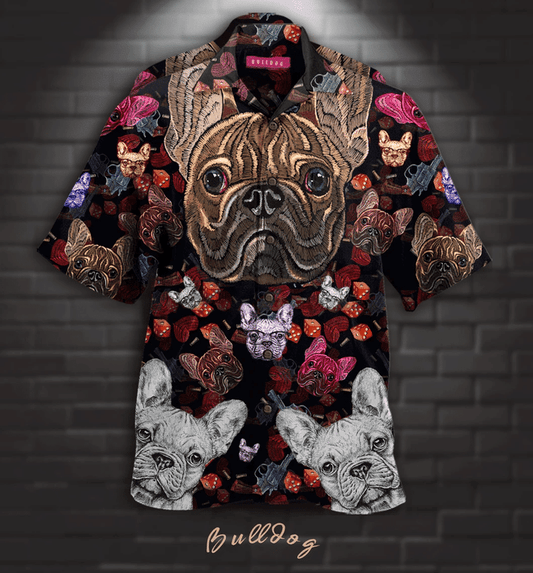 Bulldog Embroidery Hawaiian Shirt,Hawaiian Shirt Gift, Christmas Gift
