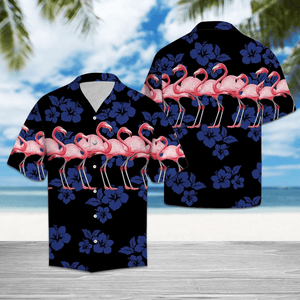 Flamingo Tropical Flower Blue Pattern Black Theme Hawaiian Shirt, Hawaiian Shirt Gift, Christmas Gift