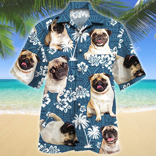 Attractive Pug Dog Lovers Blue Tribal Pattern Hawaiian Shirt, Hawaiian Shirt Gift, Christmas Gift
