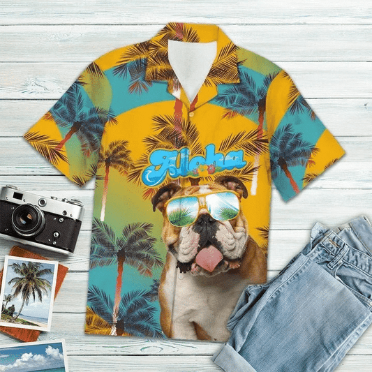 Bulldog Aloha Yellow And Blue Theme Hawaiian Shirt, Hawaiian For Gift