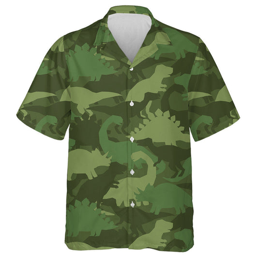 Khaki Army Green Camouflage With Dinosaurs Pattern Hawaiian Shirt, Hawaiian Shirt Gift, Christmas Gift