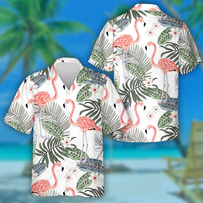 Tropical Pink Flamingo Plumeria flowers And Palm Leaves Hawaiian Shirt, Hawaiian Shirt Gift, Christmas Gift
