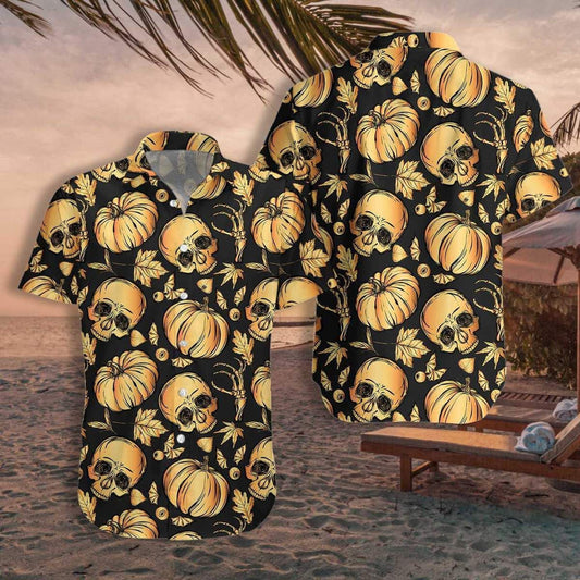 Pumpkin And Skull On Black Halloween Dramatic Hawaiian Shirt,Hawaiian Shirt Gift, Christmas Gift