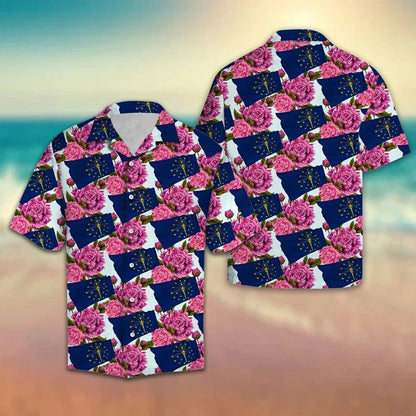 Vivid Pink Indiana Peony Navy Flag Pattern Hawaiian Shirt, Hawaiian Shirt Gift, Christmas Gift