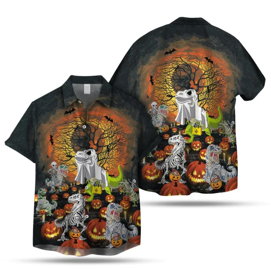 Happy Halloween Dinosaur In Pumpkin Patch Hawaiian Shirt, Hawaiian For Gift